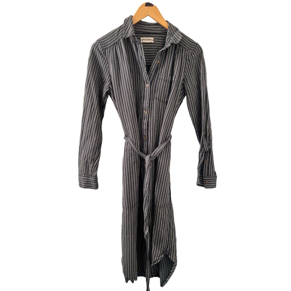 Anthropologie Womens Long Sleeve Striped Blue White Shirt Dress Waist Tie Sz 6